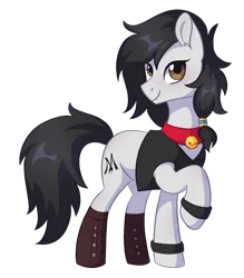 Size: 1266x1444 | Tagged: safe, artist:skysorbett, derpibooru import, oc, oc:double m, earth pony, pony, derpibooru community collaboration, 2023 community collab, bell, bell collar, black mane, black tail, boots, brown eyes, clothes, collar, cutie mark, earth pony oc, image, jacket, looking at you, male, png, shoes, simple background, smiling, smiling at you, solo, solo male, stallion, tail, transparent background, white coat