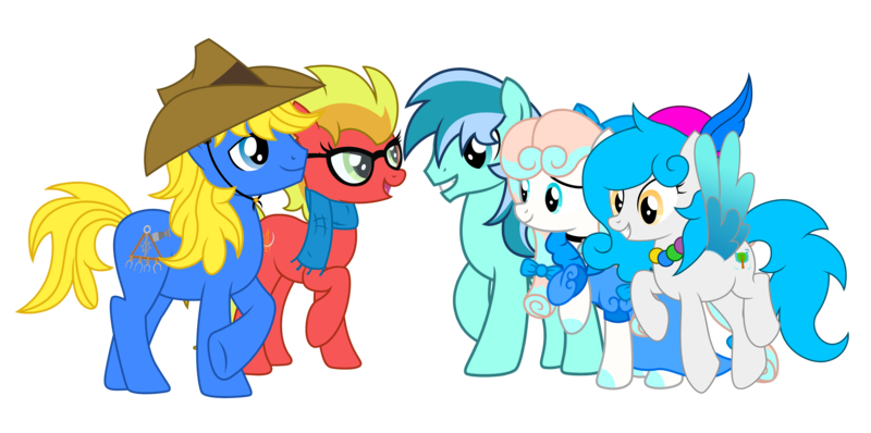 Size: 7371x3671 | Tagged: safe, artist:cosmas-the-explorer, artist:third uncle, derpibooru import, oc, oc:golden horizon, oc:lin xue, oc:third uncle, oc:xiao mai zi, oc:xing meng, unofficial characters only, earth pony, pegasus, pony, derpibooru community collaboration, 2023 community collab, clothes, colored wings, cowboy hat, derpibooru exclusive, dress, female, flying, glasses, hat, image, jewelry, looking at each other, looking at someone, male, mare, png, scarf, simple background, spread wings, stallion, transparent background, wings