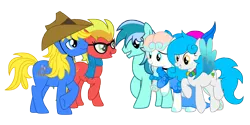 Size: 7371x3671 | Tagged: safe, artist:cosmas-the-explorer, artist:third uncle, derpibooru import, oc, oc:golden horizon, oc:lin xue, oc:third uncle, oc:xiao mai zi, oc:xing meng, unofficial characters only, earth pony, pegasus, pony, derpibooru community collaboration, 2023 community collab, clothes, colored wings, cowboy hat, derpibooru exclusive, dress, female, flying, glasses, hat, image, jewelry, looking at each other, looking at someone, male, mare, png, scarf, simple background, spread wings, stallion, transparent background, wings