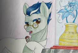 Size: 1660x1125 | Tagged: safe, artist:mintytreble, derpibooru import, oc, oc:crimroot, unofficial characters only, earth pony, pony, clothes, glasses, image, jpeg, lab coat, poison joke, scar, science, scientist, solo