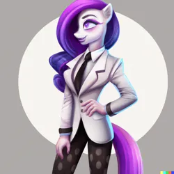 Size: 1024x1024 | Tagged: safe, dall-e 2, derpibooru import, editor:tenoki, machine learning generated, rarity, anthro, clothes, hand on hip, image, makeup, necktie, png, suit, wrong eye color