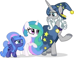 Size: 3029x2390 | Tagged: safe, artist:helenosprime, derpibooru import, princess celestia, princess luna, star swirl the bearded, alicorn, pony, unicorn, cewestia, elderly, female, filly, high res, image, male, png, s1 luna, simple background, stallion, teacher and student, transparent background, woona, young celestia, young luna, younger