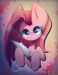 Size: 1700x2200 | Tagged: safe, artist:miryelis, derpibooru import, pinkie pie, earth pony, pony, big ears, bust, glow, glowing eyes, holding, image, knife, looking at you, pinkamena diane pie, png, simple background, solo, straight hair