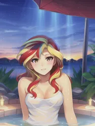 Size: 512x682 | Tagged: suggestive, derpibooru import, machine learning generated, novelai, stable diffusion, sunset shimmer, twilight sky, human, anime style, breasts, busty sunset shimmer, clothes, humanized, image, jacuzzi, jpeg, looking at you, night, partially submerged, plants, smiling, smiling at you, steam, tanktop, umbrella, water