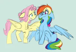 Size: 1280x881 | Tagged: safe, artist:chub-wub, derpibooru import, fluttershy, rainbow dash, pegasus, pony, alternate hairstyle, bandaid, blue background, cute, dashabetes, duo, female, flutterdash, image, jpeg, lesbian, looking at each other, looking at someone, mare, one eye closed, personality swap, raised hoof, role reversal, shipping, shy, shyabetes, simple background, sitting, tomboy, wink