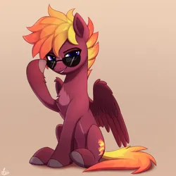 Size: 1000x1000 | Tagged: safe, artist:luminousdazzle, derpibooru import, oc, oc:inferno, unofficial characters only, pegasus, pony, chest fluff, female, glasses, image, looking at you, mare, pegasus oc, png, simple background, sitting, smiling, solo, solo female, sunglasses, wings