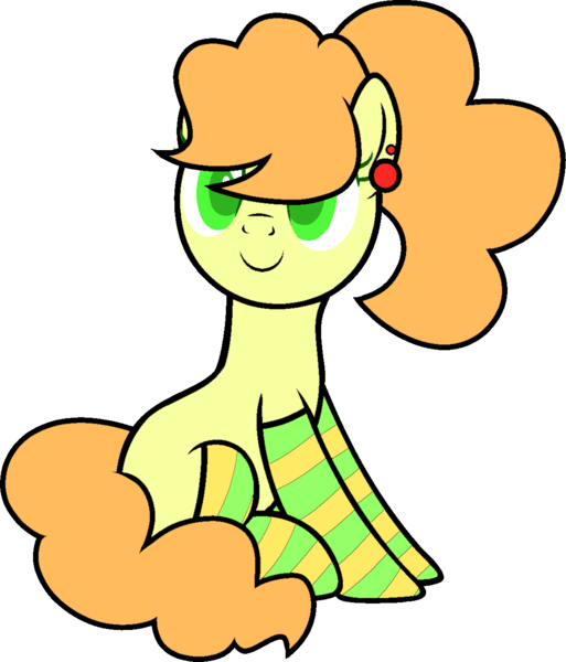 Size: 1112x1301 | Tagged: safe, artist:icicle-wicicle-1517, artist:yeetmedownthestairs, derpibooru import, oc, oc:apple needle, unofficial characters only, earth pony, pony, derpibooru community collaboration, 2023 community collab, clothes, collaboration, colored, ear piercing, earring, female, image, jewelry, mare, piercing, png, ponytail, simple background, sitting, socks, solo, striped socks, transparent background