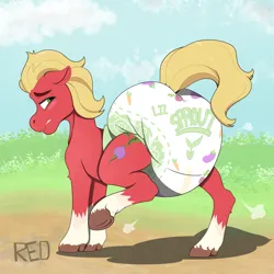 Size: 1896x1896 | Tagged: suggestive, artist:padded_red_dragon, derpibooru import, sprout cloverleaf, pegasus, pony, blushing, diaper, diaper fetish, embarrassed, fetish, g5, image, png, poofy diaper