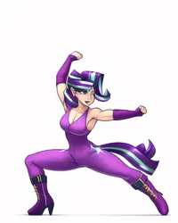 Size: 512x640 | Tagged: safe, derpibooru import, machine learning generated, novelai, stable diffusion, starlight glimmer, human, bare shoulders, boots, breasts, cleavage, clothes, female, fighting stance, high heel boots, humanized, image, kung fu, martial arts, png, shoes, simple background, sleeveless, solo, white background