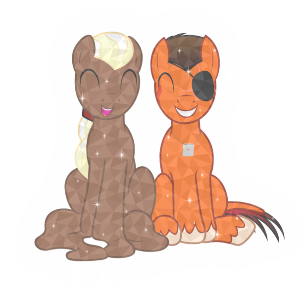Size: 2216x2179 | Tagged: safe, artist:badumsquish, derpibooru import, oc, oc:chocolate medley, oc:rustback, unofficial characters only, crystal pony, goo, goo pony, monster pony, original species, tatzlpony, derpibooru community collaboration, 2023 community collab, bashful, buzz cut, chocolate, clothes, crystal pony oc, crystallized, derpibooru exclusive, dog tags, duo, eyepatch, eyes closed, food, glow, grin, image, looking at you, male, melting, not chocolate, open mouth, png, ponytail, scar, see-through, shiny, side by side, simple background, sitting, smiling, sparkling, squee, transparent background, unshorn fetlocks