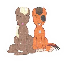 Size: 2216x2179 | Tagged: safe, artist:badumsquish, derpibooru import, oc, oc:chocolate medley, oc:rustback, unofficial characters only, crystal pony, goo, goo pony, monster pony, original species, tatzlpony, derpibooru community collaboration, 2023 community collab, bashful, buzz cut, chocolate, clothes, crystal pony oc, crystallized, derpibooru exclusive, dog tags, duo, eyepatch, eyes closed, food, glow, grin, image, looking at you, male, melting, not chocolate, open mouth, png, ponytail, scar, see-through, shiny, side by side, simple background, sitting, smiling, sparkling, squee, transparent background, unshorn fetlocks