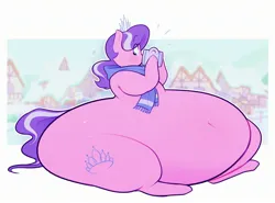 Size: 2700x2000 | Tagged: safe, artist:secretgoombaman12345, derpibooru import, diamond tiara, earth pony, pony, belly, big belly, chubby cheeks, chubby diamond, clothes, cup, fat, female, huge belly, image, impossibly large belly, jewelry, jpeg, morbidly obese, obese, scarf, sitting, snow, solo, solo female, stretched cutie mark, tiara, winter