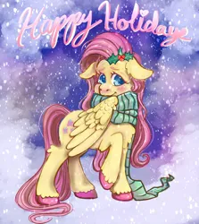 Size: 1342x1507 | Tagged: safe, artist:twiddletwum, derpibooru import, fluttershy, pegasus, pony, blushing, christmas, clothes, cute, female, floppy ears, happy holidays, holiday, holly, image, jpeg, mare, scarf, shyabetes, snow, snowfall, solo, striped scarf, unshorn fetlocks