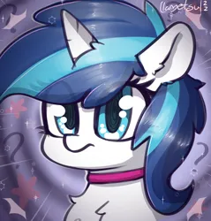 Size: 1206x1260 | Tagged: safe, artist:llametsul, derpibooru import, shining armor, pony, unicorn, chest fluff, choker, confused, eye clipping through hair, gleaming shield, image, png, poof, question mark, rule 63, solo, sparkles, swirly eyes