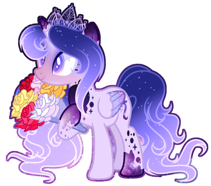 Size: 900x794 | Tagged: safe, artist:existencecosmos188, derpibooru import, twilight sparkle, twilight sparkle (alicorn), oc, oc:existence, unofficial characters only, alicorn, pony, alicorn oc, bouquet, ethereal mane, female, flower, horn, image, jewelry, mare, png, simple background, smiling, solo, starry mane, tiara, transparent background, wings