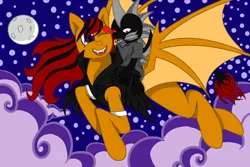 Size: 900x600 | Tagged: safe, artist:darknazawrath, derpibooru import, oc, unofficial characters only, bat pony, dragon, pony, bat pony oc, bat wings, clothes, dragon oc, full moon, image, jpeg, male, moon, night, non-pony oc, riding, smiling, stars, story included, wings