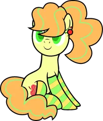 Size: 1112x1301 | Tagged: safe, artist:icey-wicey-1517, derpibooru import, oc, oc:apple needle, unofficial characters only, earth pony, pony, derpibooru community collaboration, 2023 community collab, clothes, collaboration, colored, ear piercing, earring, female, image, jewelry, mare, piercing, png, ponytail, simple background, sitting, socks, solo, striped socks, transparent background