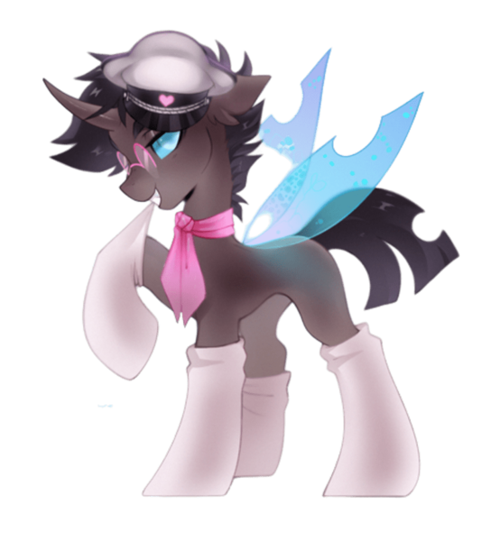 Size: 800x867 | Tagged: safe, alternate version, artist:zlatavector, derpibooru import, oc, oc:rosie clockwork, unofficial characters only, changeling, pony, derpibooru community collaboration, 2023 community collab, 2024 community collab, blue eyes, changeling oc, clothes, commission, femboy, glasses, hat, image, male, neckerchief, png, scarf, seductive, simple background, socks, solo, sparkling wings, thigh highs, transparent background, wings