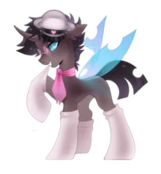 Size: 800x867 | Tagged: safe, alternate version, artist:zlatavector, derpibooru import, oc, oc:rosie clockwork, unofficial characters only, changeling, pony, derpibooru community collaboration, 2023 community collab, 2024 community collab, blue eyes, changeling oc, clothes, commission, femboy, glasses, hat, image, male, neckerchief, png, scarf, seductive, simple background, socks, solo, sparkling wings, thigh highs, transparent background, wings