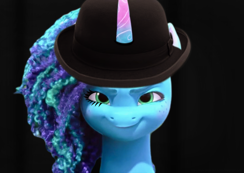 Size: 3048x2160 | Tagged: safe, artist:ejlightning007arts, derpibooru import, edit, edited screencap, screencap, pony, unicorn, g5, my little pony: make your mark, my little pony: make your mark chapter 2, spoiler:g5, a clockwork orange, alex delarge, bowler hat, crossover, dark room, evil grin, eyelashes, freckles, grin, hat, image, looking at you, misty brightdawn, png, reference, smiling, solo, staring into your soul