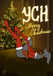 Size: 1640x2360 | Tagged: safe, artist:stirren, derpibooru import, anthro, unguligrade anthro, bed, bells, christmas, christmas tree, clothes, commission, dressing up, female, holiday, image, jingle bells, leotard, lying down, on back, onesie, pine tree, pinup, png, pulling, socks, solo, tree, your character here