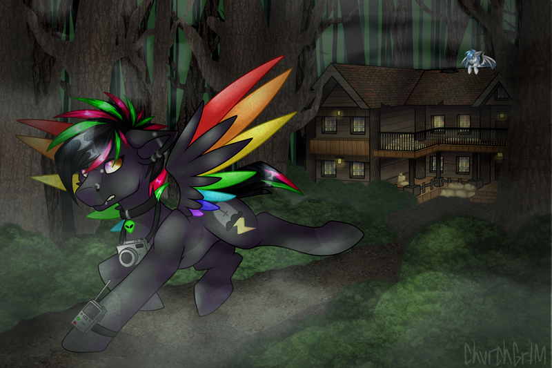 Size: 3000x2000 | Tagged: safe, artist:chvrchgrim, derpibooru import, oc, oc:krypt, oc:peace keeper, unofficial characters only, bat pony, pegasus, pony, cabin, camera, colored wings, dark background, detailed background, duo, fog, forest, forest background, image, lip piercing, looking back, multicolored hair, multicolored wings, piercing, png, radio, running, running away, scared, spooky, spread wings, tree, wings