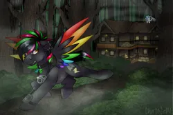 Size: 3000x2000 | Tagged: safe, artist:chvrchgrim, derpibooru import, oc, oc:krypt, oc:peace keeper, unofficial characters only, bat pony, pegasus, pony, cabin, camera, colored wings, dark background, detailed background, duo, fog, forest, forest background, image, lip piercing, looking back, multicolored hair, multicolored wings, piercing, png, radio, running, running away, scared, spooky, spread wings, tree, wings