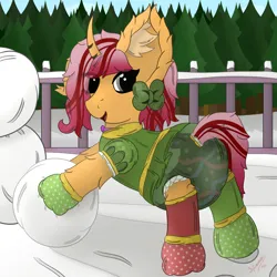 Size: 3000x3000 | Tagged: safe, artist:spiroudada, derpibooru import, oc, oc:dolly hooves, unofficial characters only, pony, adult foal, bow, christmas, clothes, commission, cute, diaper, dress, fence, holiday, image, mittens, playing, png, ribbon, smiling, snowman, solo, tree, winter, ych example, your character here