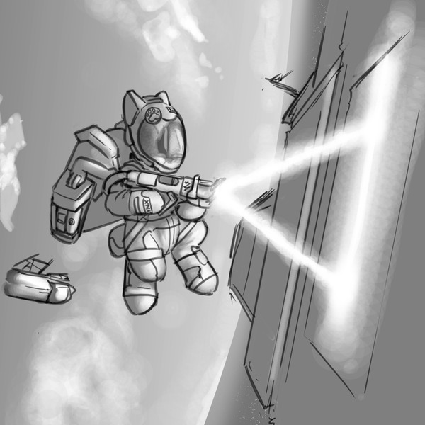 Size: 1280x1280 | Tagged: safe, artist:captainhoers, derpibooru import, oc, unofficial characters only, earth pony, pony, grayscale, image, jpeg, monochrome, solo, space, spacesuit, weapon