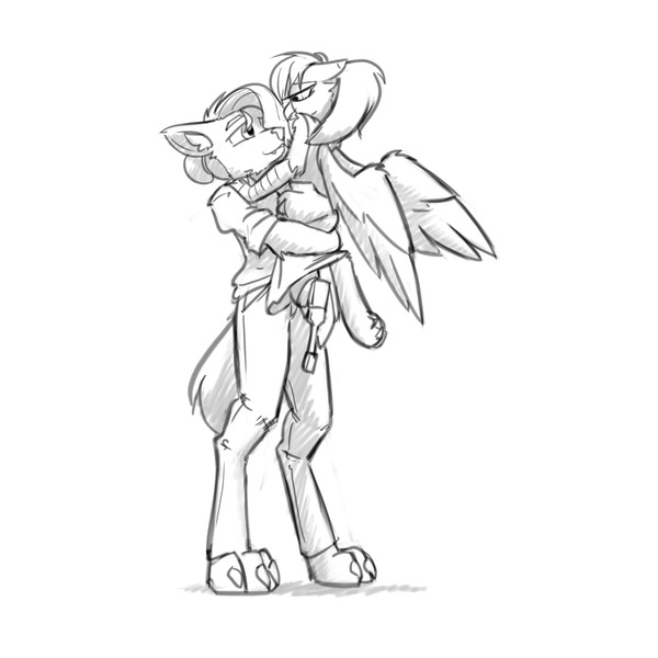 Size: 3000x3000 | Tagged: safe, artist:captainhoers, derpibooru import, oc, unofficial characters only, anthro, digitigrade anthro, gryphon, amputee, duo, duo male and female, female, grayscale, griffon oc, image, jpeg, looking at each other, looking at someone, looking into each others eyes, male, monochrome, oc x oc, shipping, simple background, white background