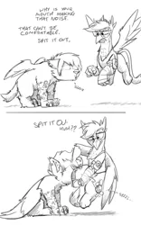 Size: 2500x4000 | Tagged: safe, artist:captainhoers, derpibooru import, oc, unofficial characters only, gryphon, parasprite, 2 panel comic, comic, dialogue, duo, grayscale, griffon oc, image, jpeg, monochrome, open mouth, simple background, white background