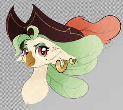 Size: 1584x1420 | Tagged: safe, artist:orbitingdamoon, derpibooru import, captain celaeno, parrot pirates, my little pony: the movie, abstract background, bust, ear piercing, earring, female, hat, image, jewelry, jpeg, piercing, pirate, pirate hat, solo