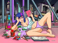 Size: 2627x1962 | Tagged: suggestive, artist:carpdime, derpibooru import, spike, twilight sparkle, human, book, calculator, city, cityscape, clothes, cutie mark, food, humanized, image, kimchi, noodles, panties, png, potion, studying, sugarcube corner, underwear