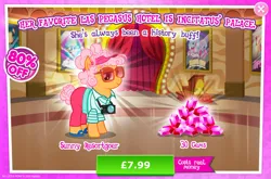 Size: 1966x1297 | Tagged: safe, derpibooru import, official, butterscotch sweets, earth pony, pony, advertisement, background character, background pony, camera, clothes, costs real money, english, female, gameloft, gem, glasses, image, jpeg, mare, numbers, pants, sale, shirt, solo, solo focus, text