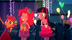 Size: 3072x1727 | Tagged: safe, derpibooru import, screencap, pinkie pie, scootaloo, twilight sparkle, human, eqg summertime shorts, equestria girls, raise this roof, ^^, balloon, bare shoulders, canterlot high, cute, diapinkes, eyes closed, fall formal outfits, female, grin, high res, image, jpeg, sleeveless, smiling, strapless, trio, trio female, twilight ball dress