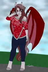 Size: 2800x4200 | Tagged: safe, artist:tertonda, derpibooru import, oc, oc:scarlet quill, unofficial characters only, anthro, bat pony, pony, unguligrade anthro, anthro oc, bat pony oc, bat wings, christmas, clothes, commission, denim, digital art, fangs, female, freckles, glasses, hearth's warming, hearth's warming eve, holiday, image, jeans, mare, pants, png, shirt, slit pupils, smiling, solo, standing, wings