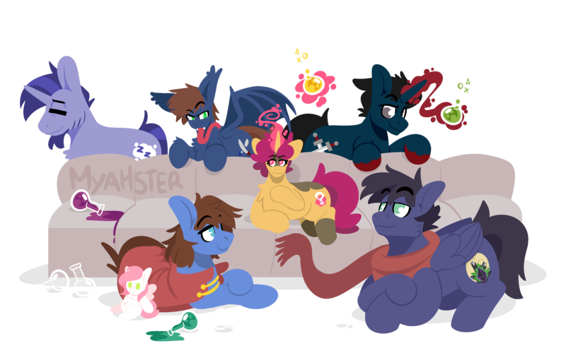 Size: 4800x3000 | Tagged: safe, artist:myahster, derpibooru import, oc, oc:bizarre song, oc:fenris ebonyglow, oc:mystery brew, oc:slashing prices, oc:snoozy stroll, oc:sugar morning, oc:warly, unofficial characters only, bat pony, pegasus, pony, unicorn, bat pony oc, bat wings, bottle, cape, chest fluff, clothes, colored hooves, couch, cutie mark, doll, eyebrows, eyebrows visible through hair, eyes closed, facial hair, high res, horn, image, lidded eyes, long tongue, magic, magic aura, pegasus oc, plushie, png, potion, scarf, signature, simple background, sitting, sleeping, sleepwalking, smiling, tongue out, toy, transparent background, unicorn oc, watermark, wingding eyes, wings
