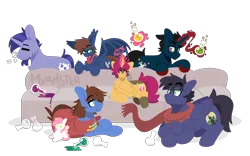 Size: 4800x3000 | Tagged: safe, artist:myahster, derpibooru import, oc, oc:bizarre song, oc:fenris ebonyglow, oc:mystery brew, oc:slashing prices, oc:snoozy stroll, oc:sugar morning, oc:warly, unofficial characters only, bat pony, pegasus, pony, unicorn, bat pony oc, bat wings, bottle, cape, chest fluff, clothes, colored hooves, couch, cutie mark, doll, eyebrows, eyebrows visible through hair, eyes closed, facial hair, high res, horn, image, lidded eyes, long tongue, magic, magic aura, pegasus oc, plushie, png, potion, scarf, signature, simple background, sitting, sleeping, sleepwalking, smiling, tongue out, toy, transparent background, unicorn oc, watermark, wingding eyes, wings