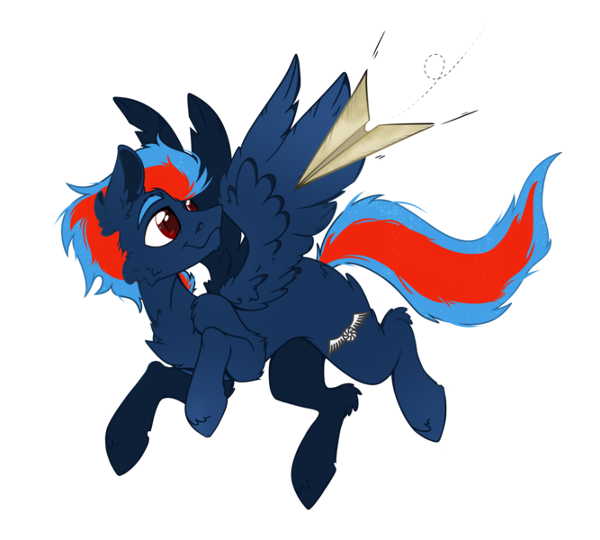 Size: 3000x2700 | Tagged: safe, artist:zira, derpibooru import, oc, oc:black the dragon, unofficial characters only, pegasus, pony, derpibooru community collaboration, 2023 community collab, flying, image, male, paper airplane, png, simple background, smiling, solo, transparent background
