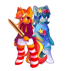 Size: 2000x2000 | Tagged: safe, derpibooru import, editor:ricky_mckim, oc, oc:ricky, oc:toto, unofficial characters only, derpibooru community collaboration, 2023 community collab, artiat:strawberry, clothes, couple, image, png, simple background, socks, standing, striped socks, sword, transparent background, weapon