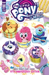 Size: 2063x3131 | Tagged: safe, derpibooru import, idw, applejack, fluttershy, pinkie pie, rainbow dash, rarity, spike, twilight sparkle, winona, dog, dragon, earth pony, pegasus, unicorn, anniversary, comic cover, cupcake, food, image, mane seven, mane six, official comic, pinkie being pinkie, plate, png, ribbon, sandwich, sun