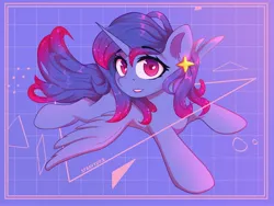 Size: 4000x3000 | Tagged: safe, artist:stravy_vox, derpibooru import, oc, oc:star flower, alicorn, pony, abstract background, alicorn oc, female, horn, image, jpeg, looking at you, mare, smiling, stars, wings