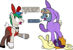 Size: 1920x1318 | Tagged: safe, artist:alexdti, derpibooru import, oc, oc:brainstorm (alexdti), oc:purple creativity, oc:star logic, unofficial characters only, pegasus, pony, unicorn, animal costume, bunny costume, bunny suit, clothes, costume, image, laughing, png, simple background, transparent background