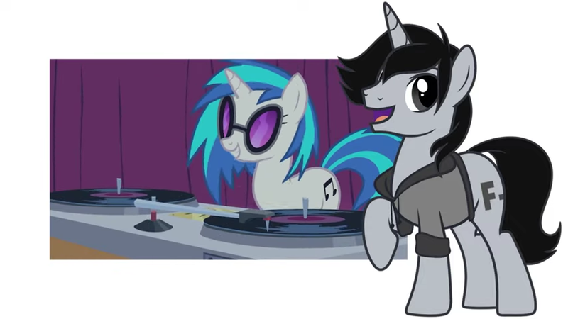 Size: 1366x768 | Tagged: safe, artist:tiredhorsestudios, derpibooru import, screencap, vinyl scratch, oc, oc:eff i am, pony, unicorn, curtains, female, glasses, image, looking at you, male, png, raised hoof, record player, solo focus, vinyl's glasses, youtube, youtube link