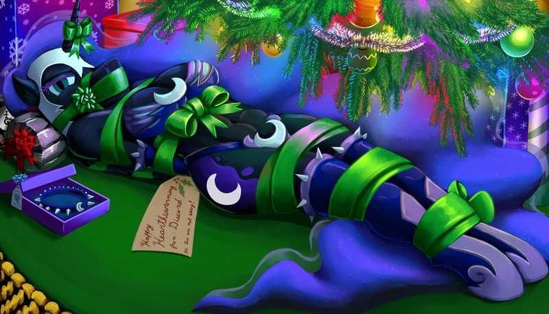 Size: 2153x1233 | Tagged: suggestive, artist:quakehoof, derpibooru import, nightmare moon, alicorn, anthro, unguligrade anthro, bondage, bound wings, bra, breasts, busty nightmare moon, christmas, christmas lights, christmas presents, christmas tree, clothes, collar, dvd, gag, holiday, image, lingerie, looking at you, lying down, magic suppression, on back, panties, png, ribbon, rug, spiked collar, tied up, tinsel, tree, underwear, wings