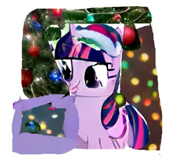 Size: 1357x1269 | Tagged: safe, craiyon, derpibooru import, edit, machine learning generated, twilight sparkle, unicorn, 1000 hours in ms paint, christmas, christmas lights, christmas tree, glow, hat, holiday, image, magic, png, santa hat, solo, telekinesis, tree, twilight sparkle getting ready to put more christmas lights for her christmas tree