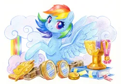 Size: 1448x1000 | Tagged: safe, artist:maytee, derpibooru import, part of a set, rainbow dash, pegasus, pony, book, goggles, image, png, rainbow, solo, traditional art, trophy