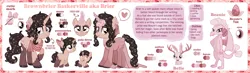 Size: 2410x700 | Tagged: safe, artist:jennieoo, derpibooru import, oc, oc:beauie, oc:belle, oc:brownbrier baskerville, dragon, pony, rabbit, unicorn, animal, antlers, bio, clothes, cutie mark, dress, egg, eyeshadow, female, filly, foal, gala dress, image, looking at you, makeup, png, reference sheet, scarf, show accurate, simple background, smiling, smiling at you, teenager, vector