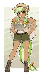 Size: 1832x3128 | Tagged: safe, artist:dandy, derpibooru import, oc, oc:sylvia evergreen, unofficial characters only, anthro, pegasus, unguligrade anthro, belt, belt buckle, boots, braid, braided pigtails, chest fluff, clothes, ear fluff, eye clipping through hair, female, freckles, hair tie, hat, image, looking at you, pegasus oc, pigtails, png, ranger, shoes, short shirt, shorts, smiling, solo, uniform, wings