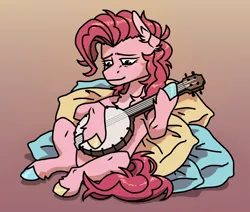 Size: 3300x2800 | Tagged: safe, artist:mookaoo, derpibooru import, pinkie pie, earth pony, pony, friendship is witchcraft, banjo, bard, bard pie, colored hooves, fantasy class, female, gypsy bard, gypsy pie, image, mare, musical instrument, pillow, png, solo